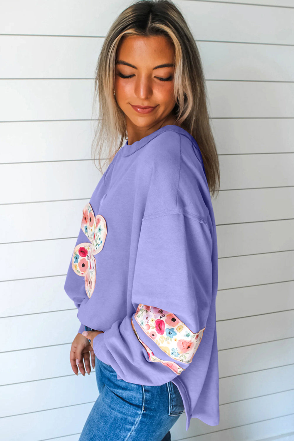 Flower Applique Patchwork Drop Sleeve Pullover Sweatshirt