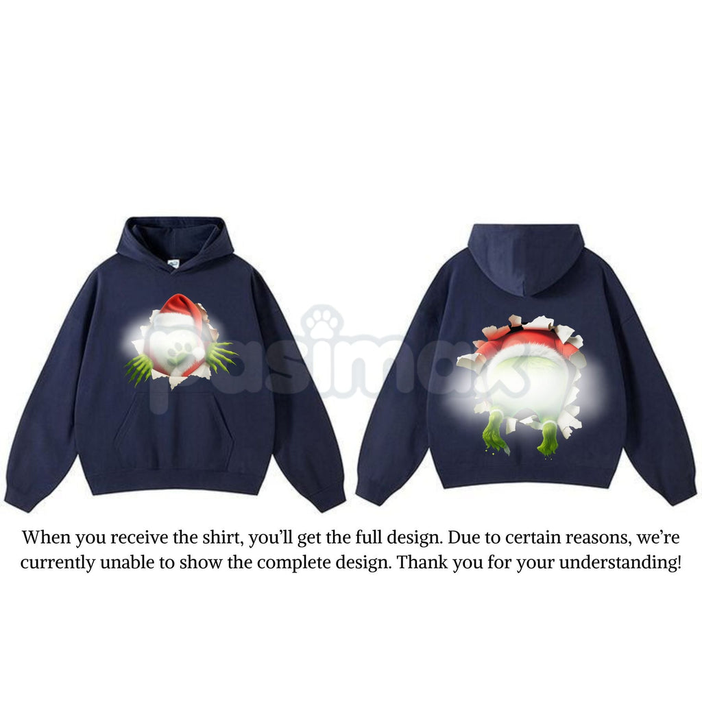 Christmas Movie Character Green Guy Through Hole 2-Sided Hoodie – Trendy Holiday Season Graphic Pullover, Unisex Classic Comfort Cotton