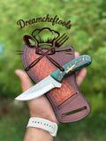Custom Handmade Cowboy Knife – Rasp Tool Steel Blade with Green Epoxy Pine Cone Resin Handle & Leather Sheath