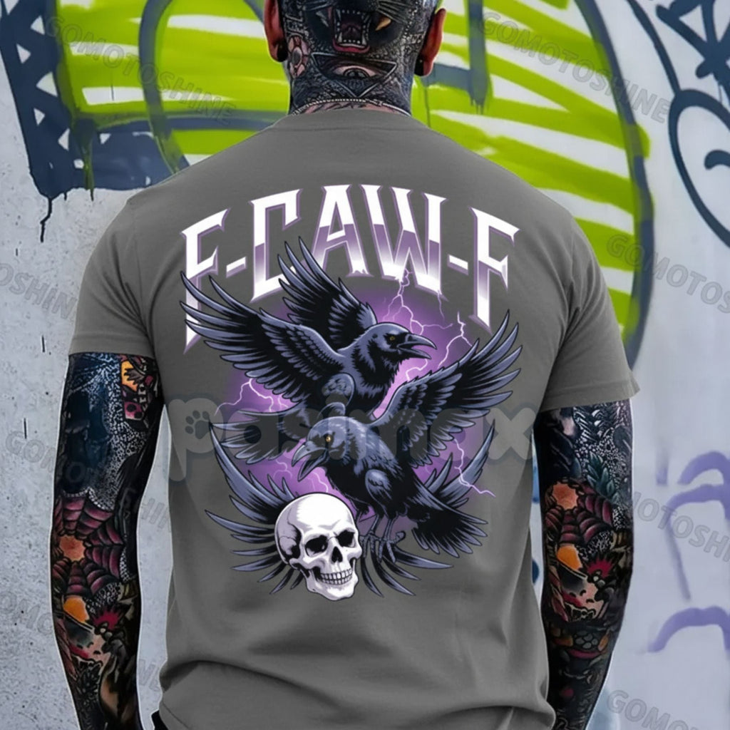 F-CAW-F "Mortality Call" T-Shirt - Gothic Crow and Skull Print, Men's Dark Mystique Graphic Tee, Edgy Unisex Apparel