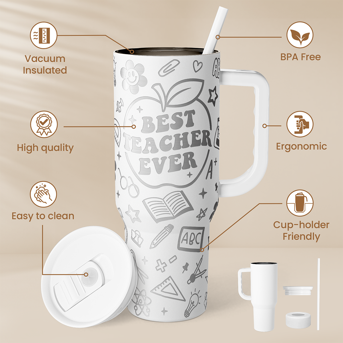 White Teacher Slidemate | Slider Tumbler with Handle 40oz