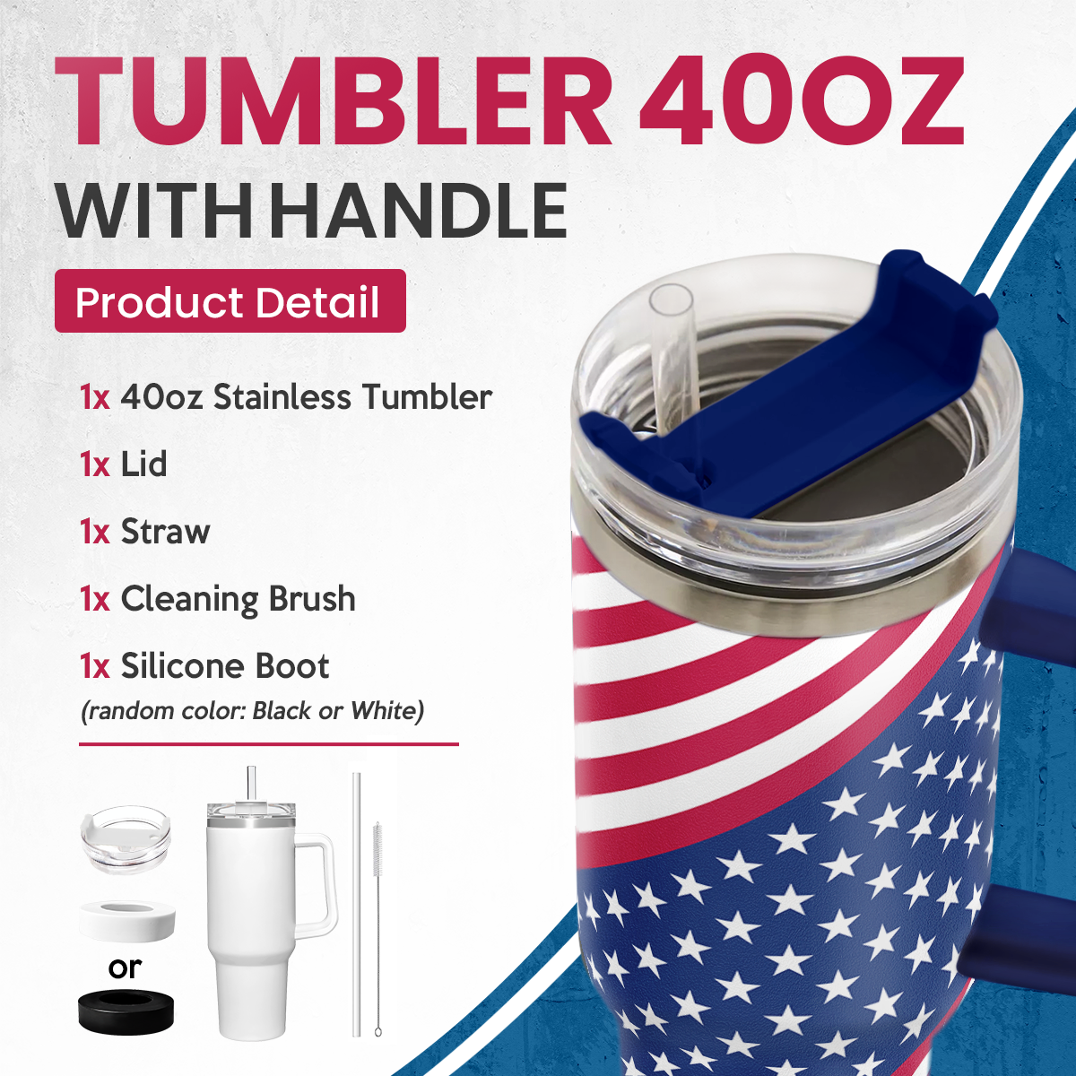 Blue American Flag Quencher Tumbler with Handle 40oz