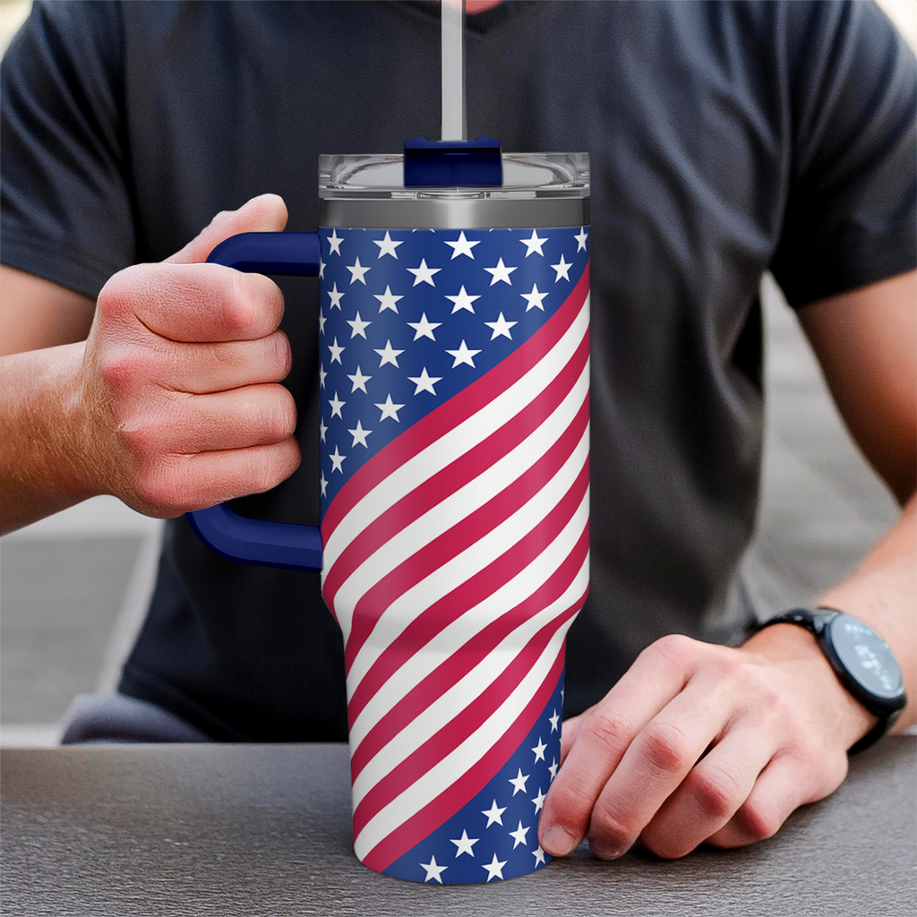 Blue American Flag Quencher Tumbler with Handle 40oz