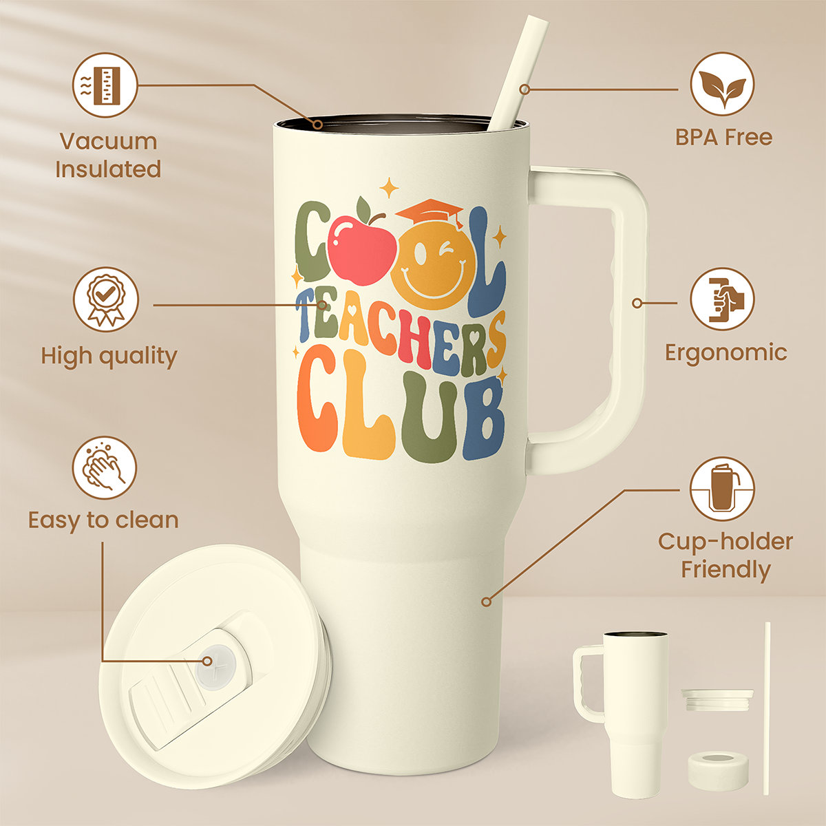Beige Teacher Slidemate | Slider Tumbler with Handle 40oz