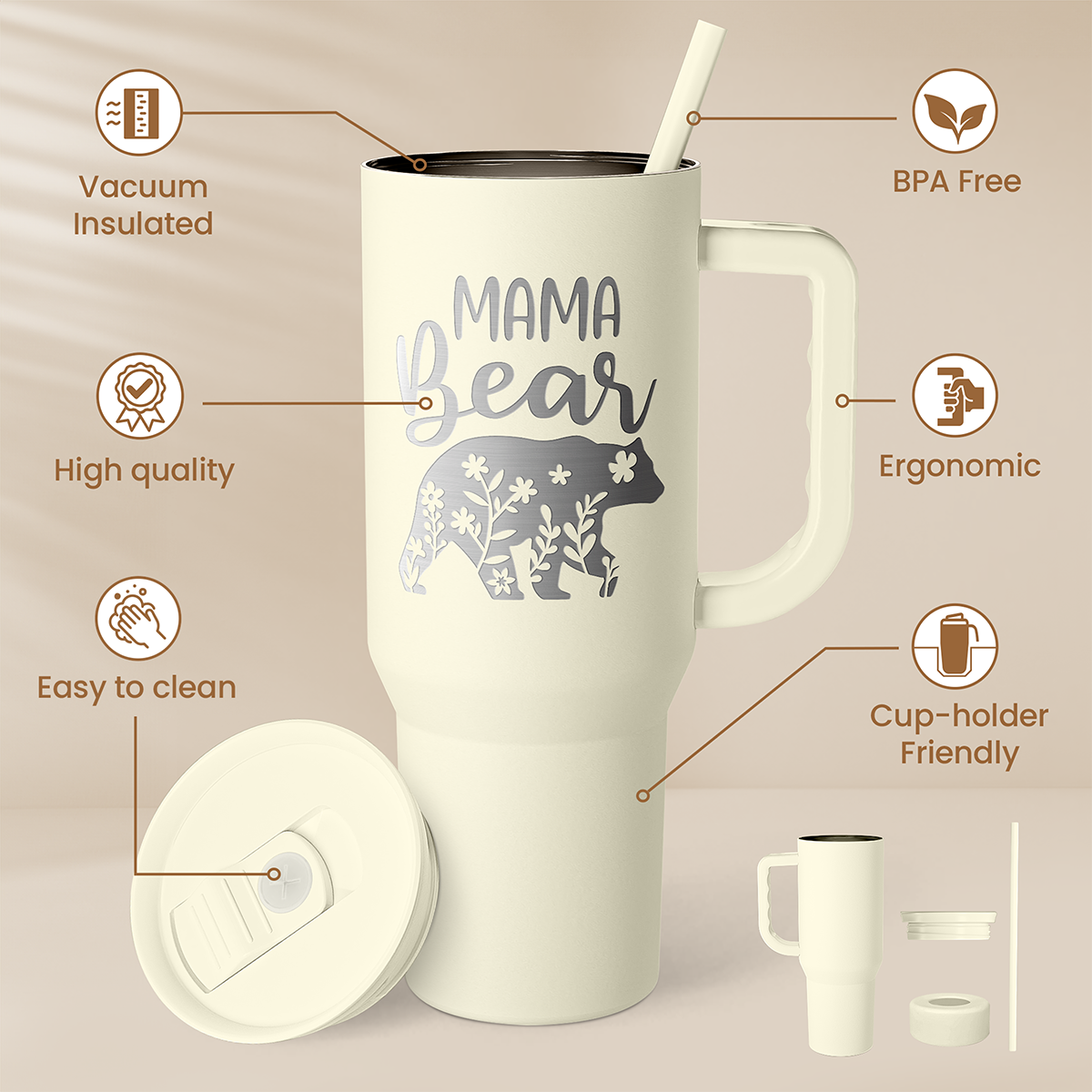Beige Mama Bear Slidemate | Slider Tumbler with Handle 40oz