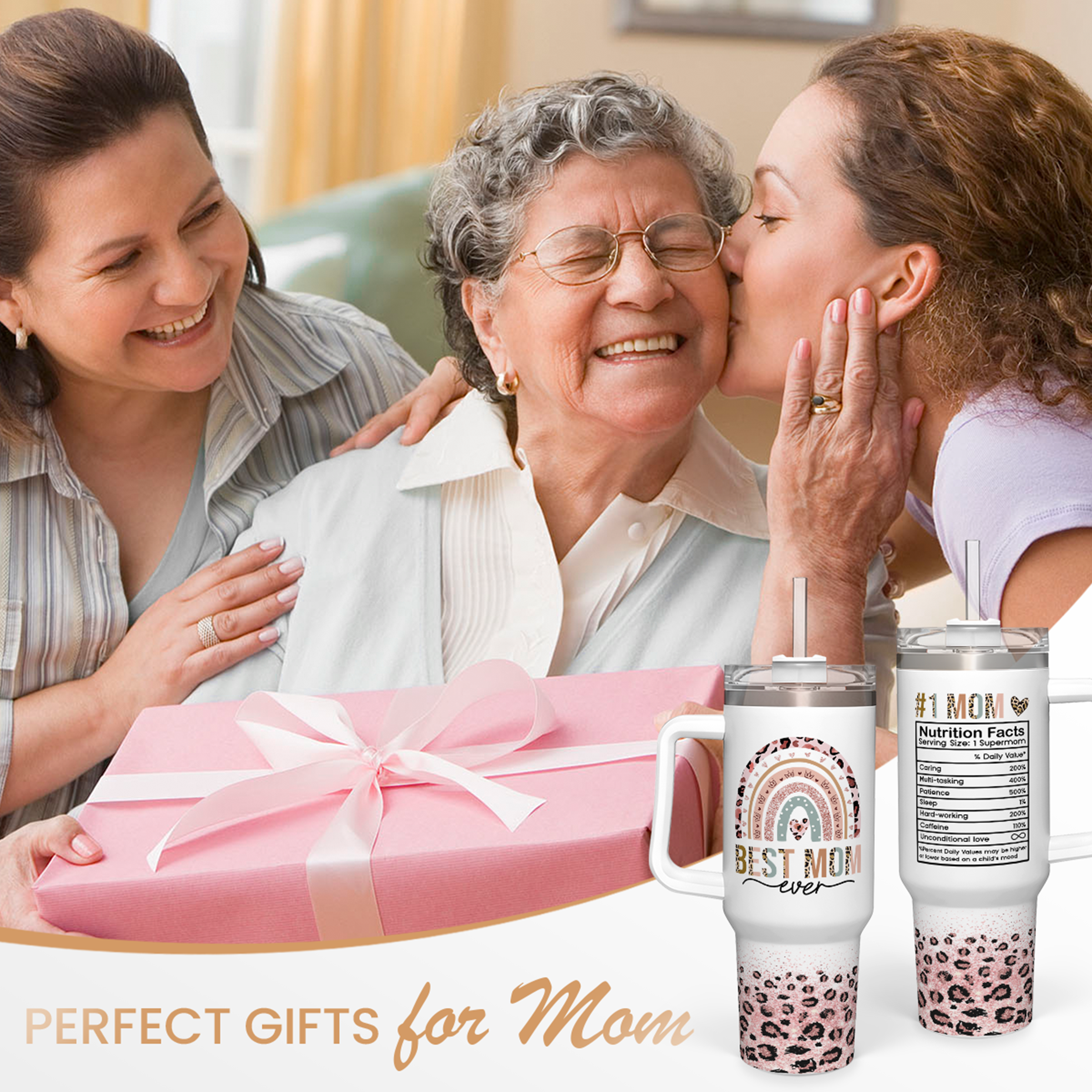 White Best Mom Ever Quencher Tumbler with Handle 40oz
