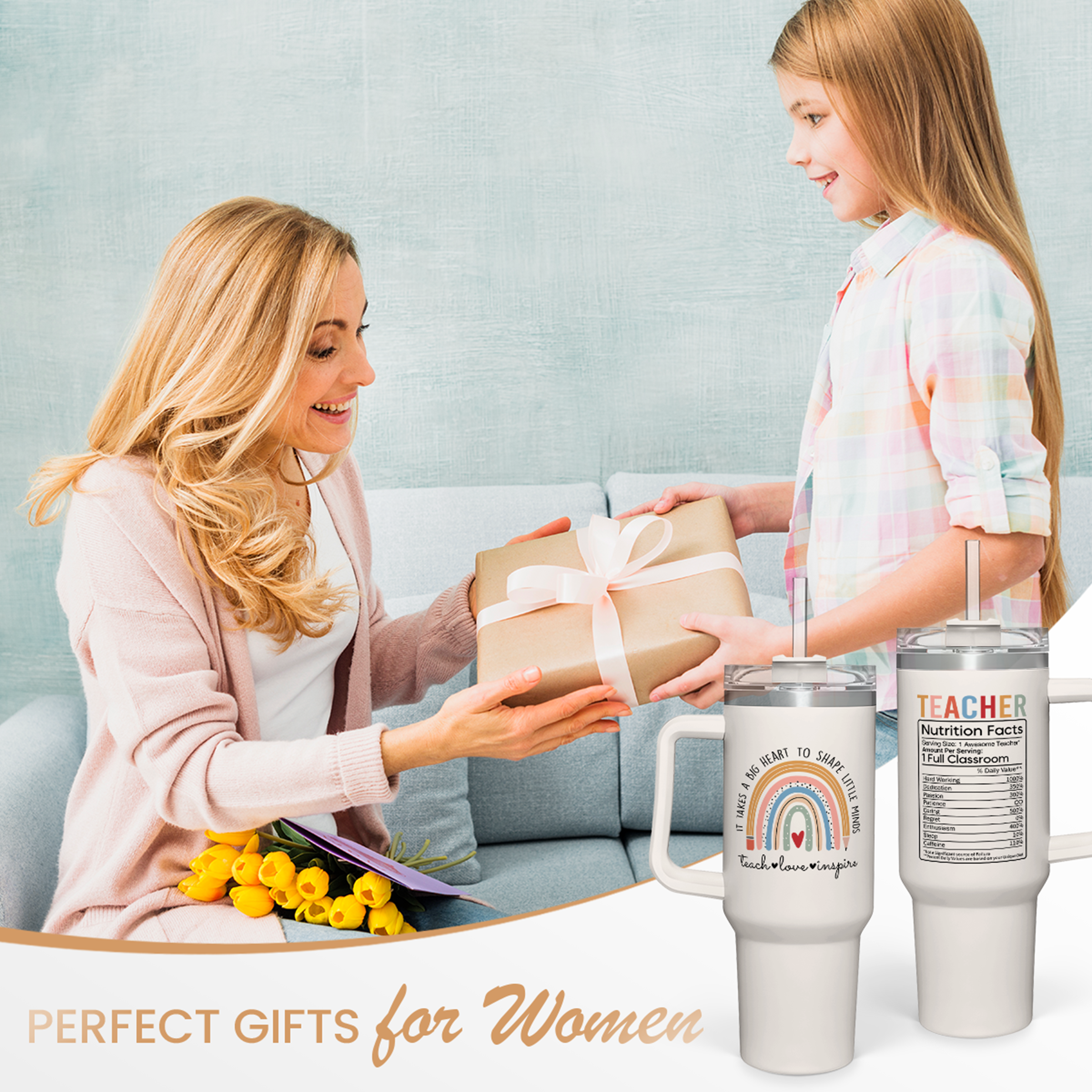 White Teacher Quencher Tumbler with Handle 40oz
