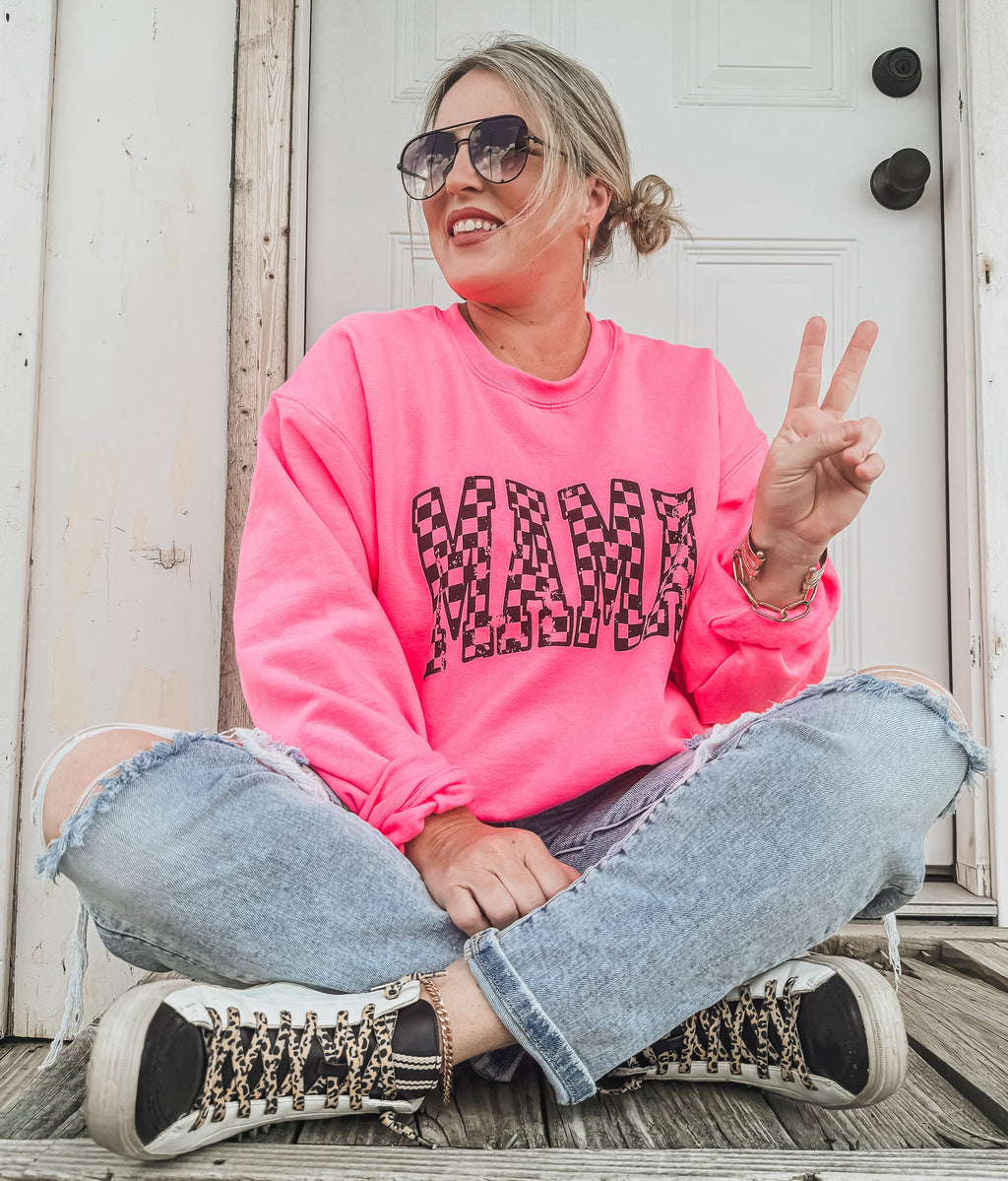 Mama Outline Checkered Sweatshirt *7 Colors (S-3X)