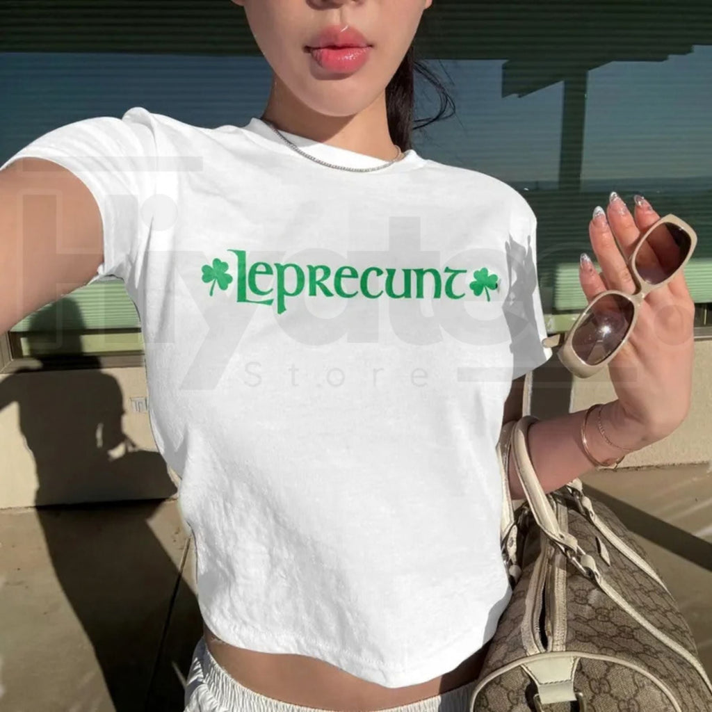 Leprecunt Women's Baby Tee – Funny St. Patrick's Day Irish Shirt, Edgy Retro Y2K Graphic Tee for Women