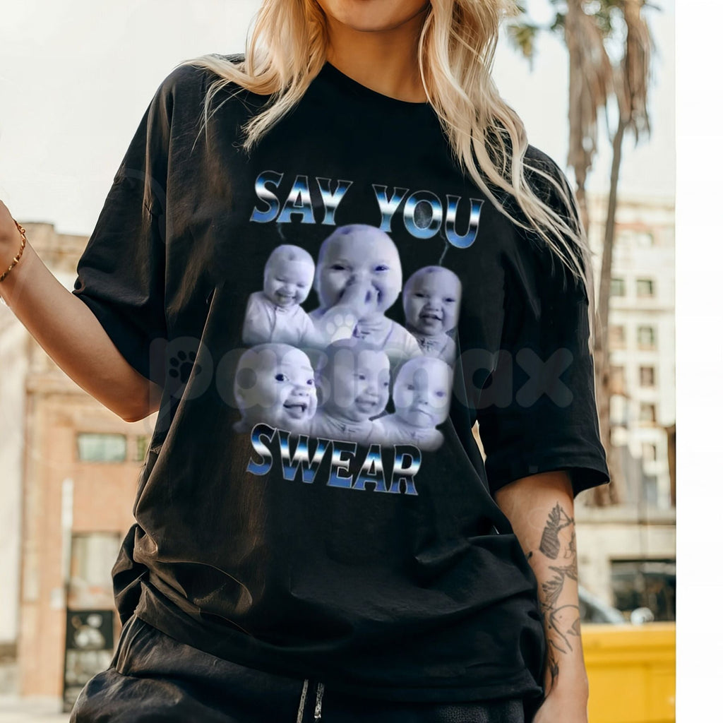 Niche Baby Holding Laugh Graphic T-Shirt - Ironic Surreal Meme Tee, Funny Aesthetic "Shitpost" Apparel, Trendy Weird Core Social Media Shirt