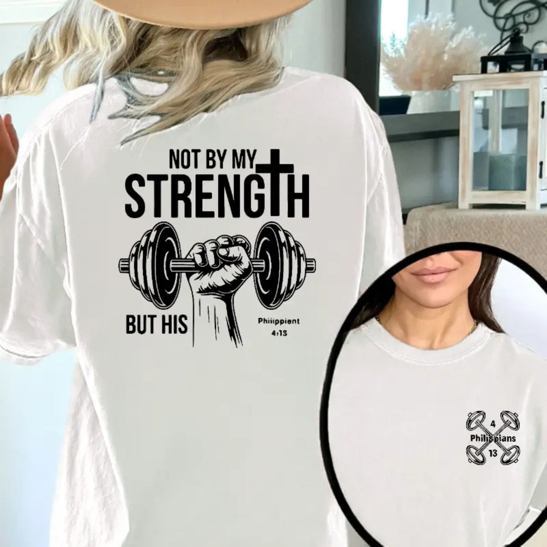 "Not by My Strength" Vintage T-Shirt - Faith & Fitness Graphic Tee, Double-Sided Cross & Dumbbell Top