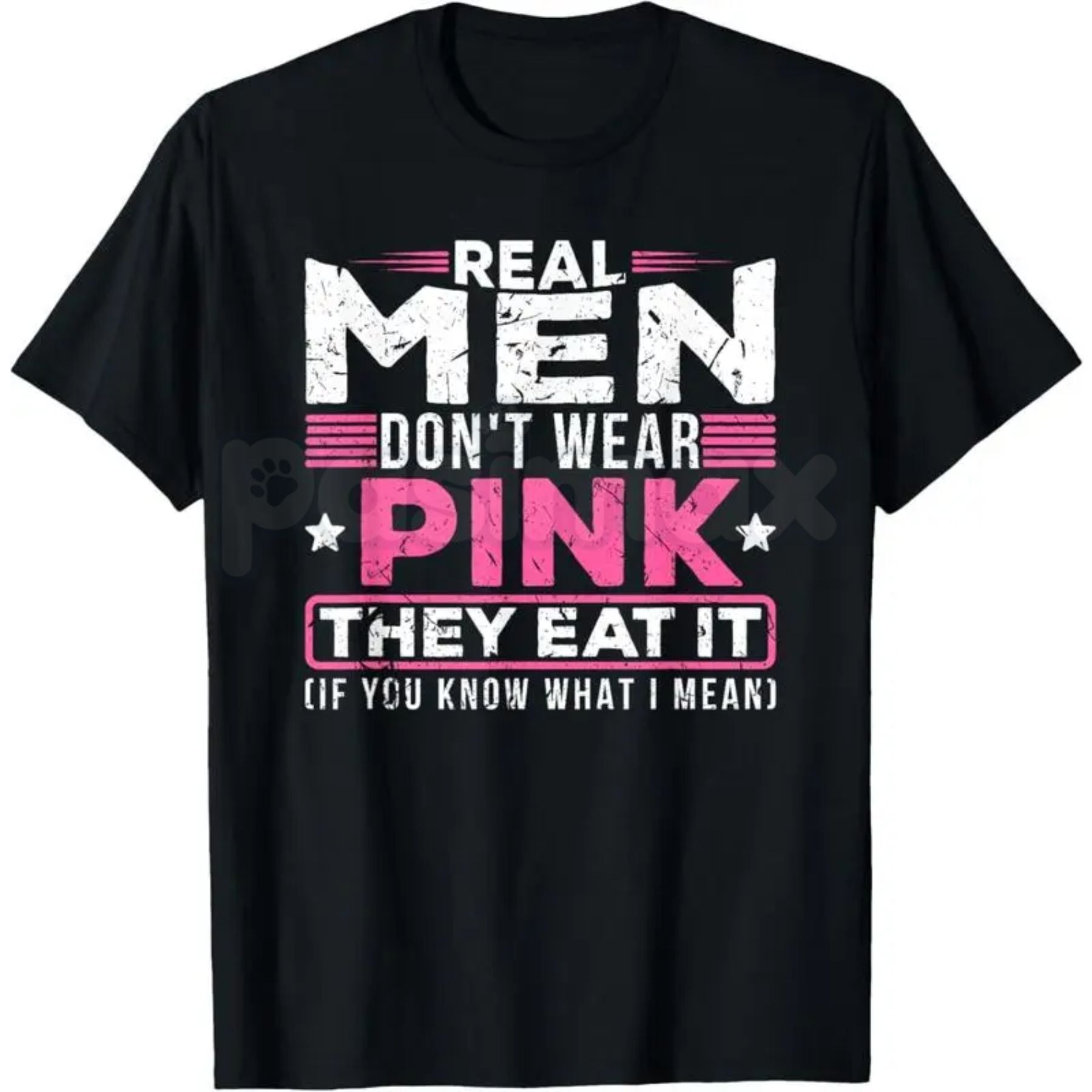 "Real Men Don't Wear Pink" Funny Cat T-Shirt - Absurdist Ironic Meme Graphic Tee, Surreal Humor Streetwear, Nonsensical Slogan Weirdcore Shirt