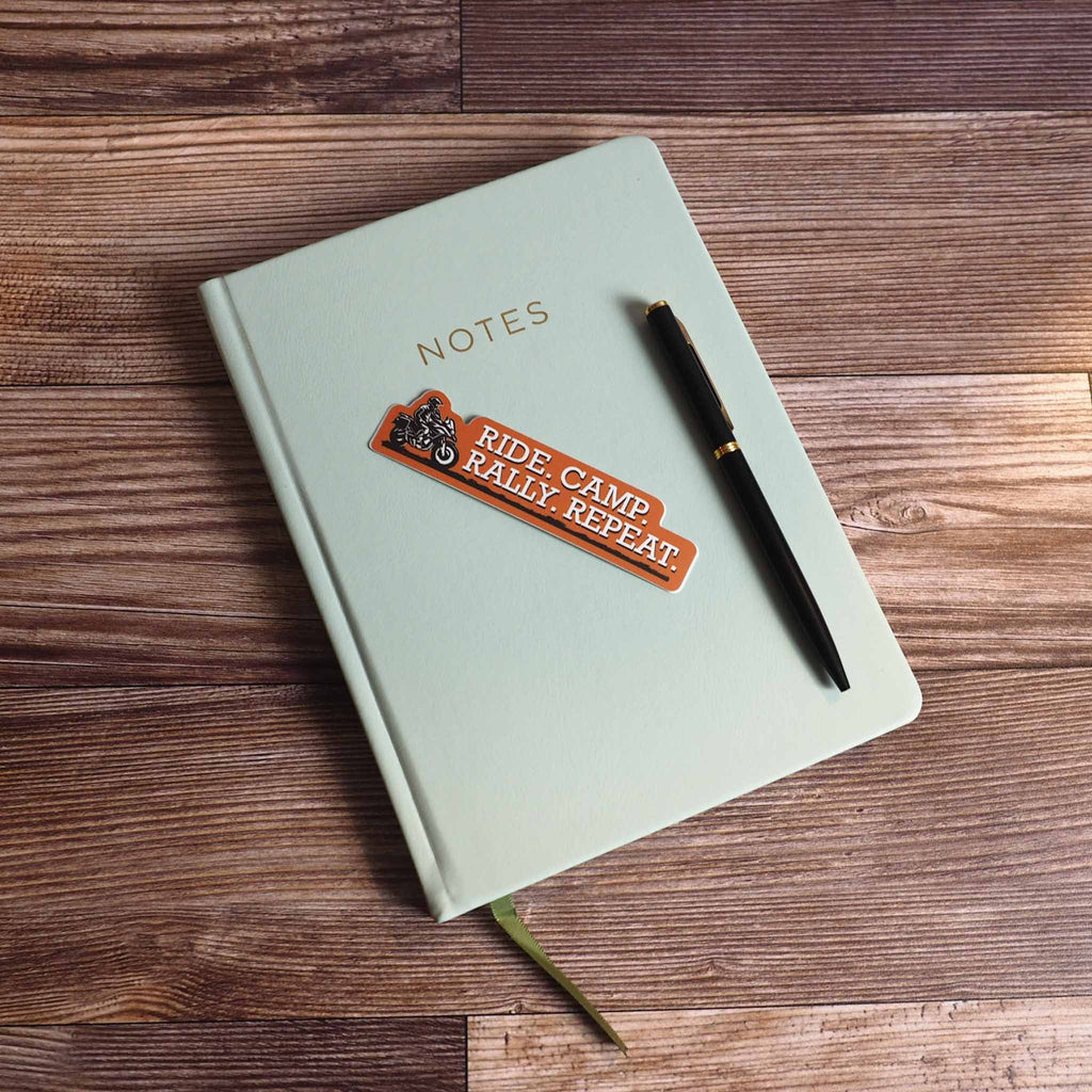 Ride. Camp. Rally. Repeat. Adventure Motorcycle Sticker