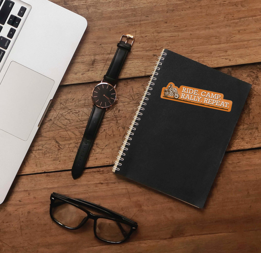 Ride. Camp. Rally. Repeat. Adventure Motorcycle Sticker
