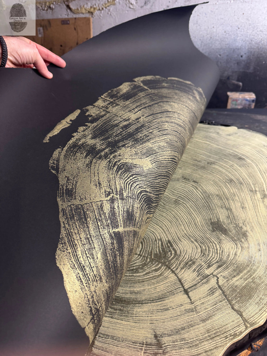 San Francisco Redwood. Gold and Black, 36x48 Inches. Original Signed artwork made from Real Redwood