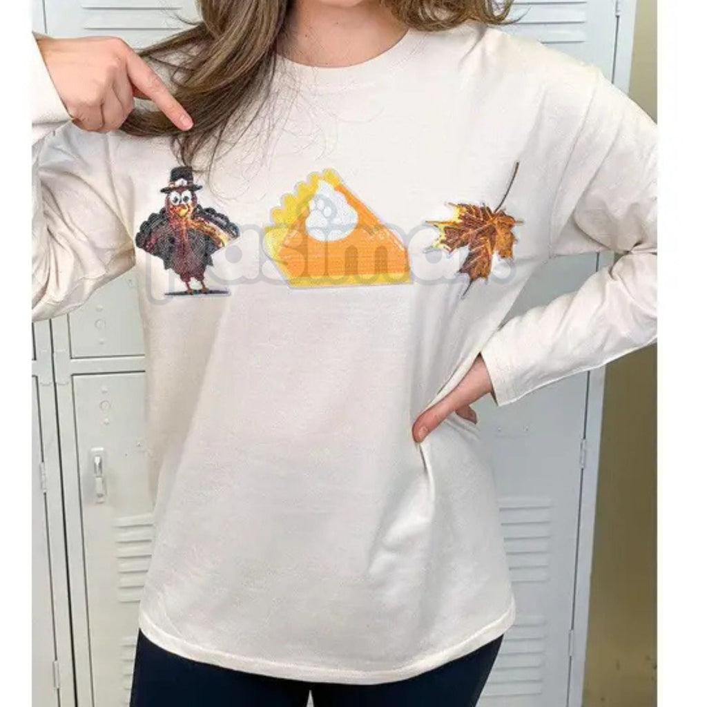 Thanksgiving Sparkle Boyfriend Long Sleeve T-Shirt - Oversized Holiday Glitter Tee, Festive Turkey Day Comfort Top, Unisex Autumn Graphic