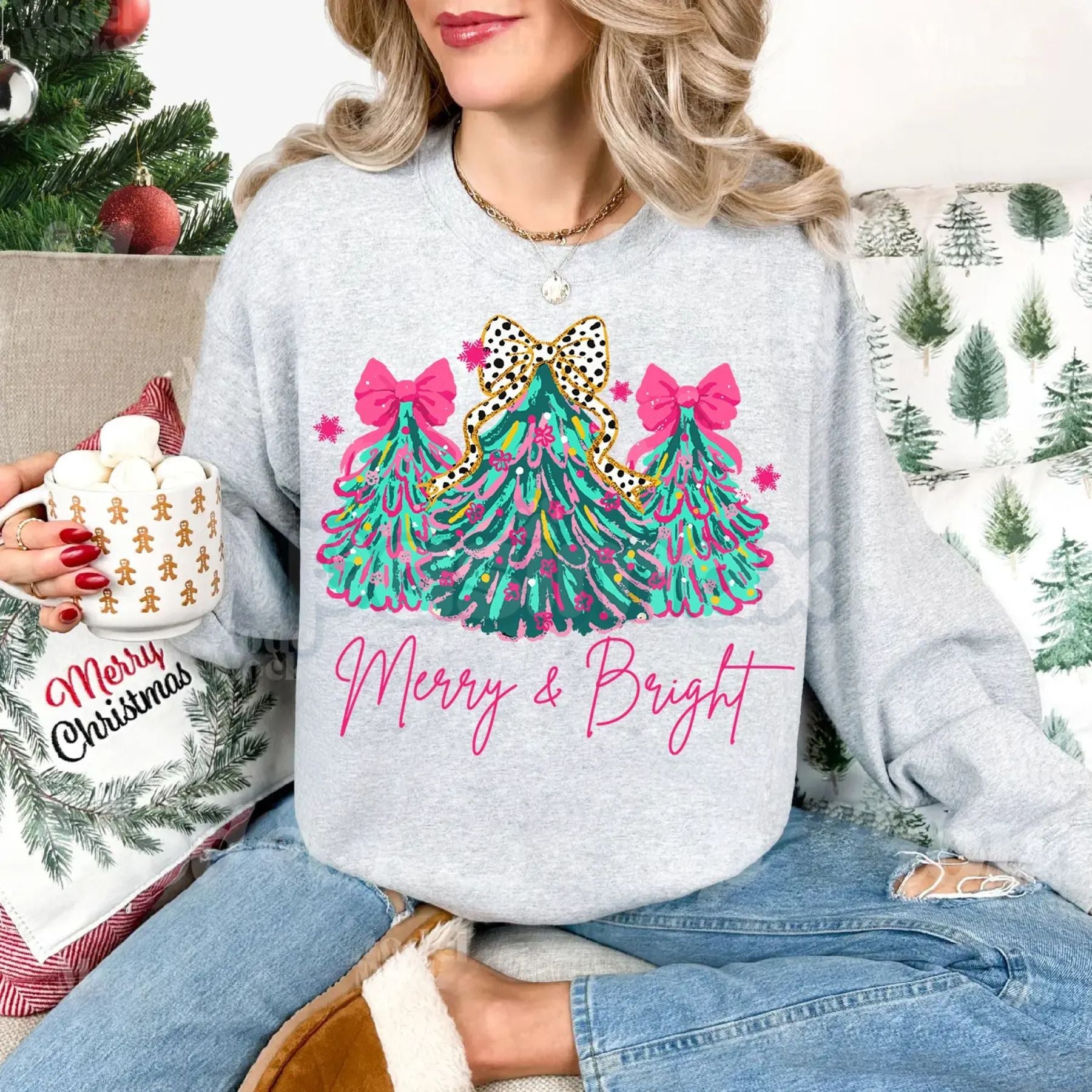 The Pink Christmas Aesthetic: "Merry & Bright" Tree Sweatshirt with Festive Lights & Bows
