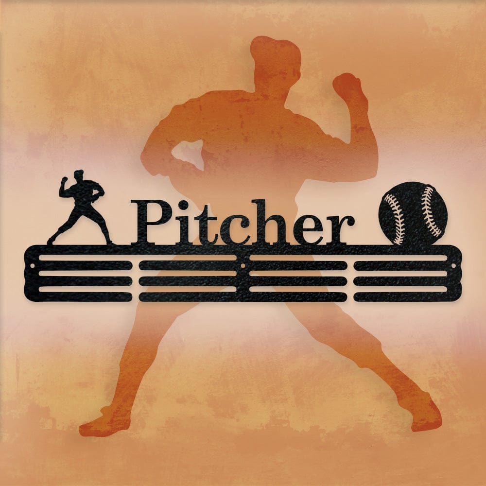 Baseball Pitcher Medal Hanger - Personalized Medal Display Rack With 12 Rungs
