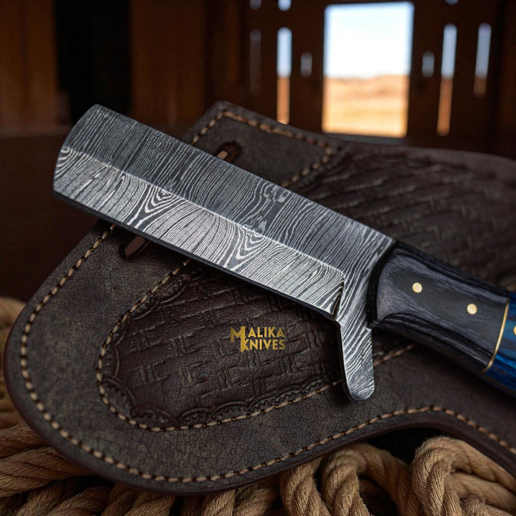 Damascus Bull Cutter Knife for Ranch Work & Butcher Cleaver Use – Pakka Wood Handle
