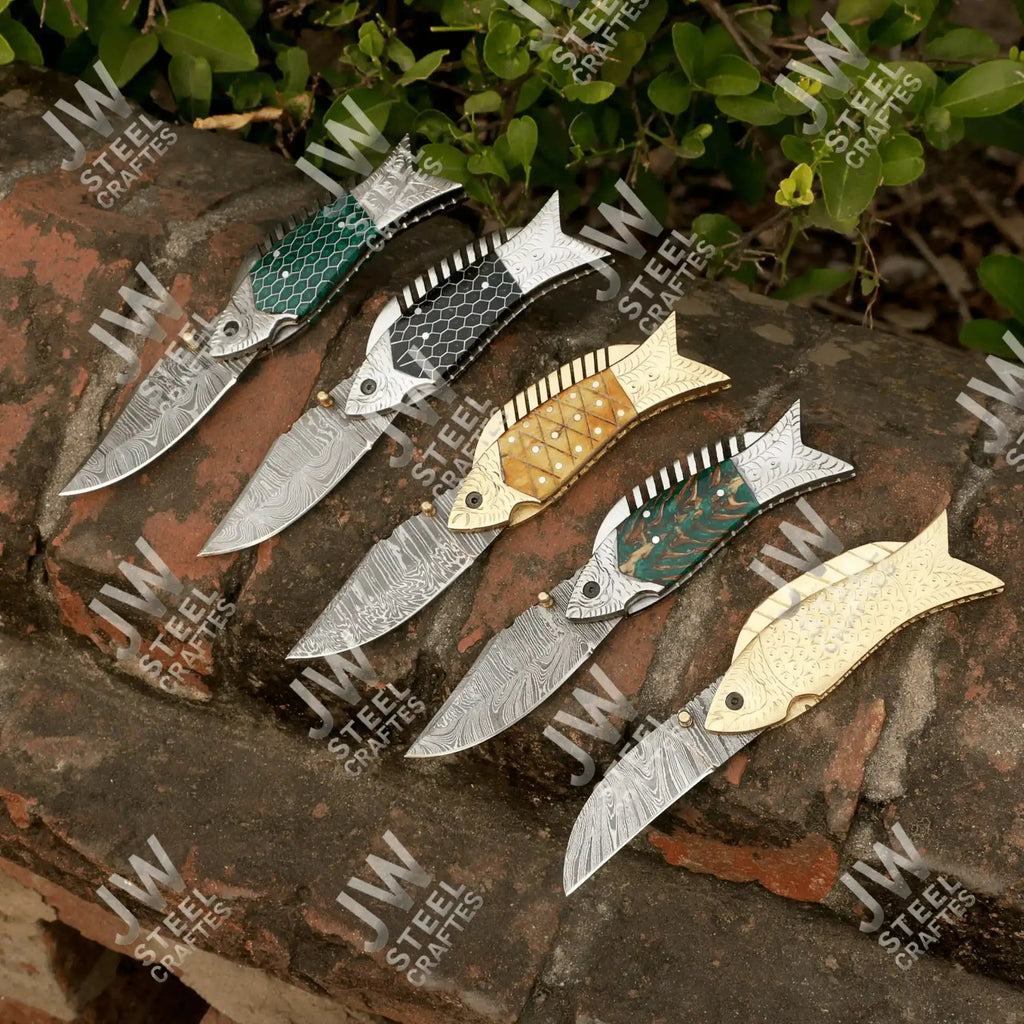 Hand Forged Damascus Steel Folding Knife – Honeycomb, Pinecone & Brass Handle Variations