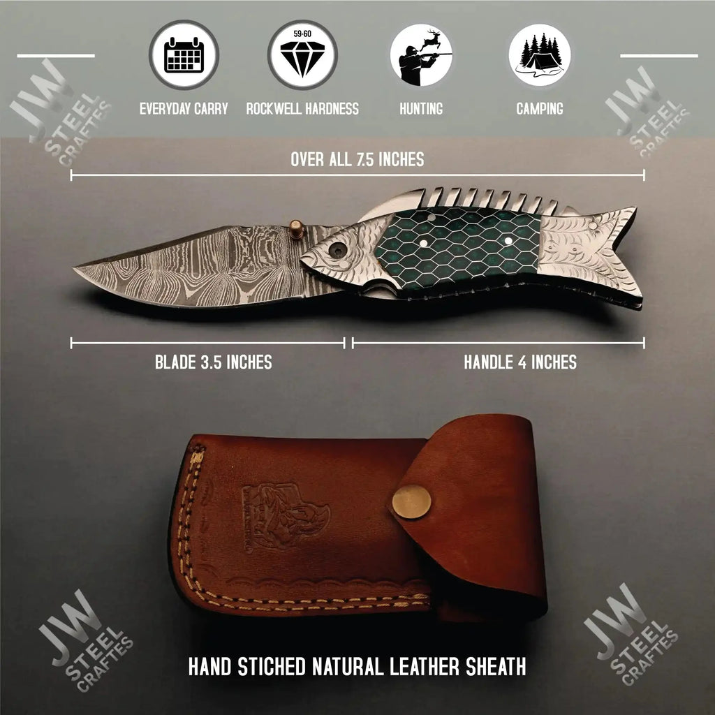 Handmade Damascus Steel Folding Knife – Green Honeycomb Handle