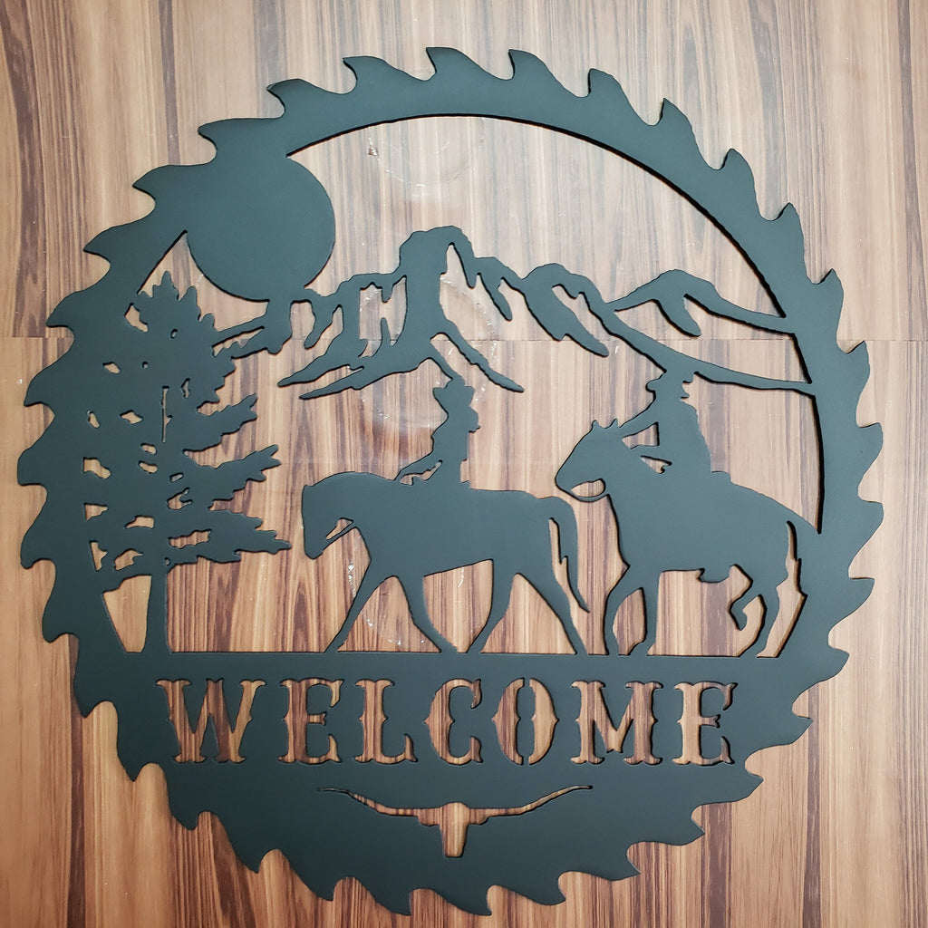 Sawblade Cowboy Horse Welcome Sign, Rustic Metal Farmhouse Home Decor, Outdoor Western Porch or Garden Plaque