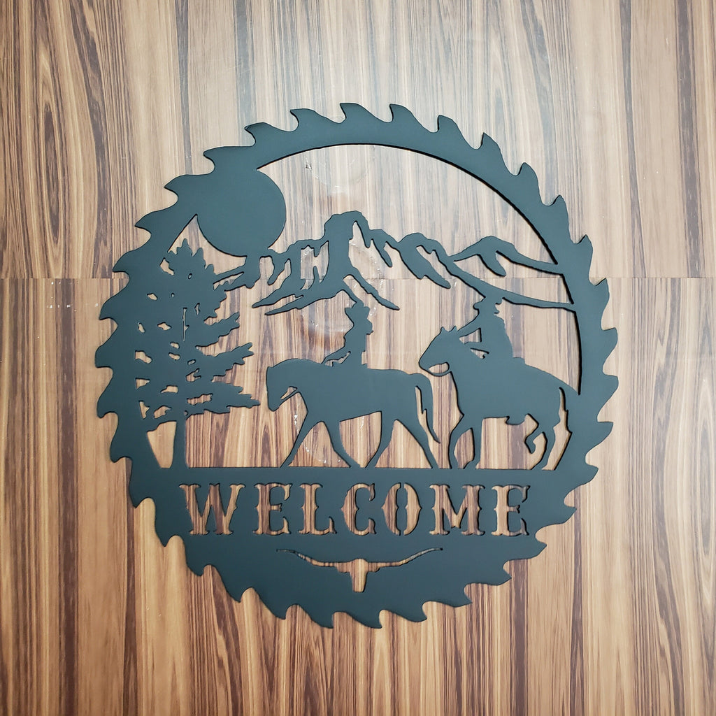 Sawblade Cowboy Horse Welcome Sign, Rustic Metal Farmhouse Home Decor, Outdoor Western Porch or Garden Plaque