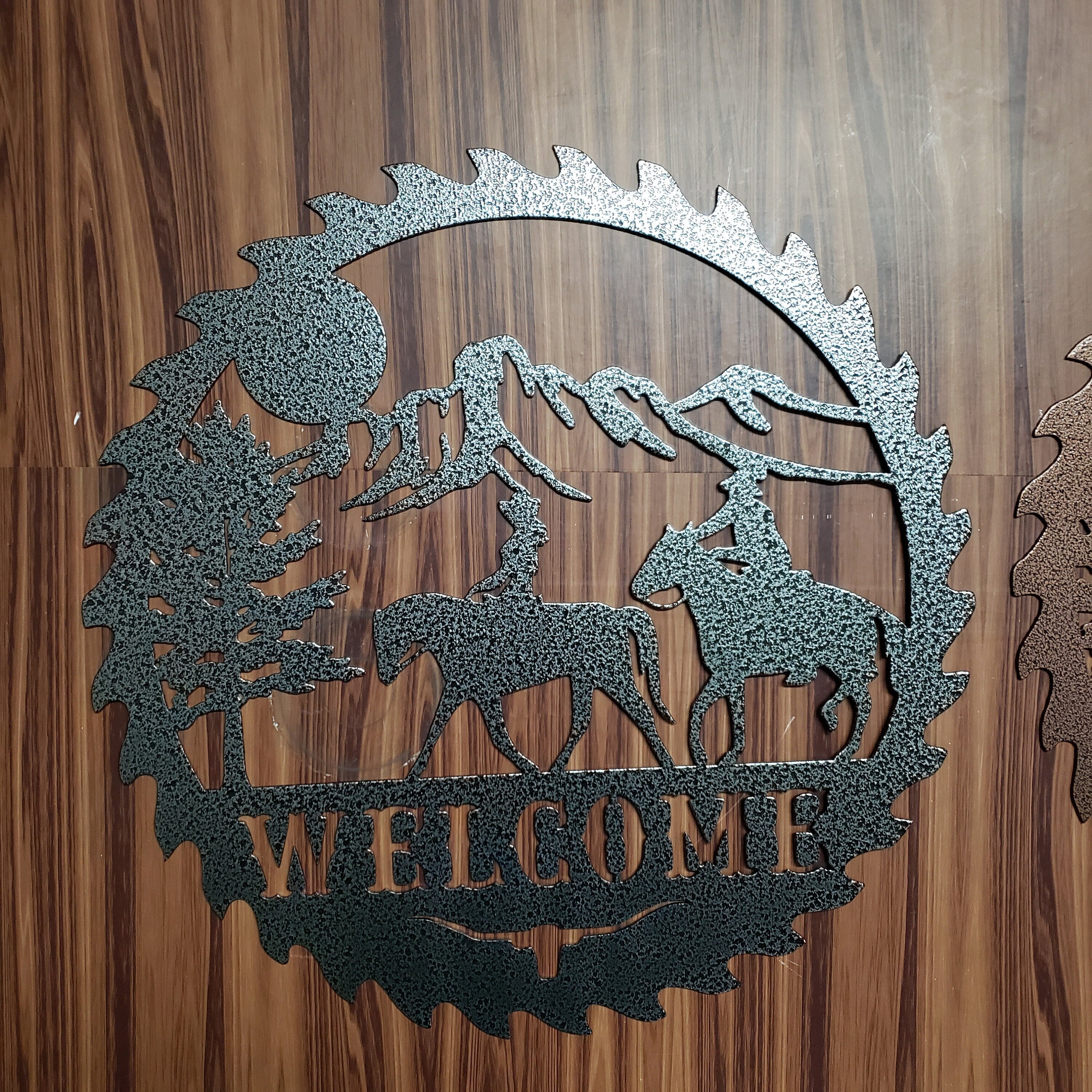 Sawblade Cowboy Horse Welcome Sign, Rustic Metal Farmhouse Home Decor, Outdoor Western Porch or Garden Plaque