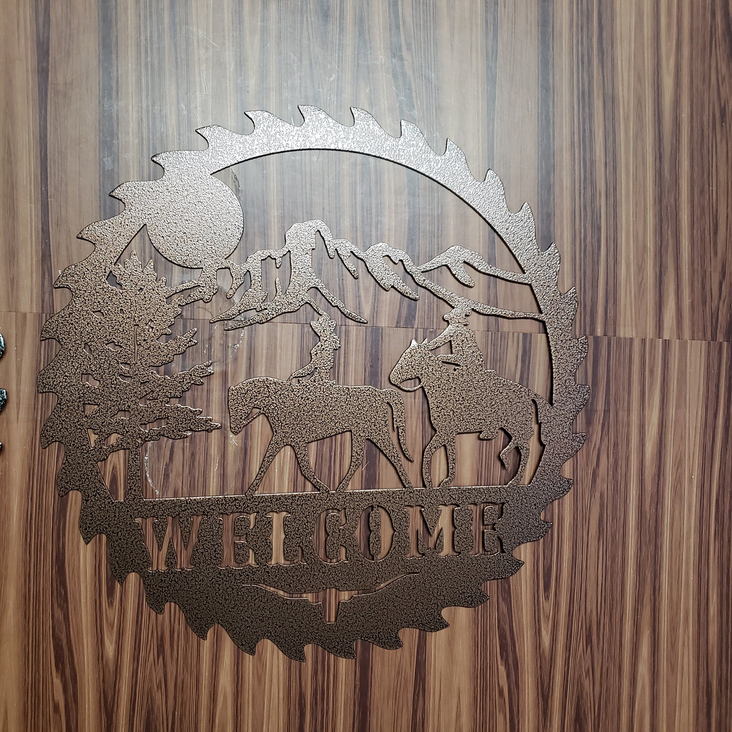 Sawblade Cowboy Horse Welcome Sign, Rustic Metal Farmhouse Home Decor, Outdoor Western Porch or Garden Plaque