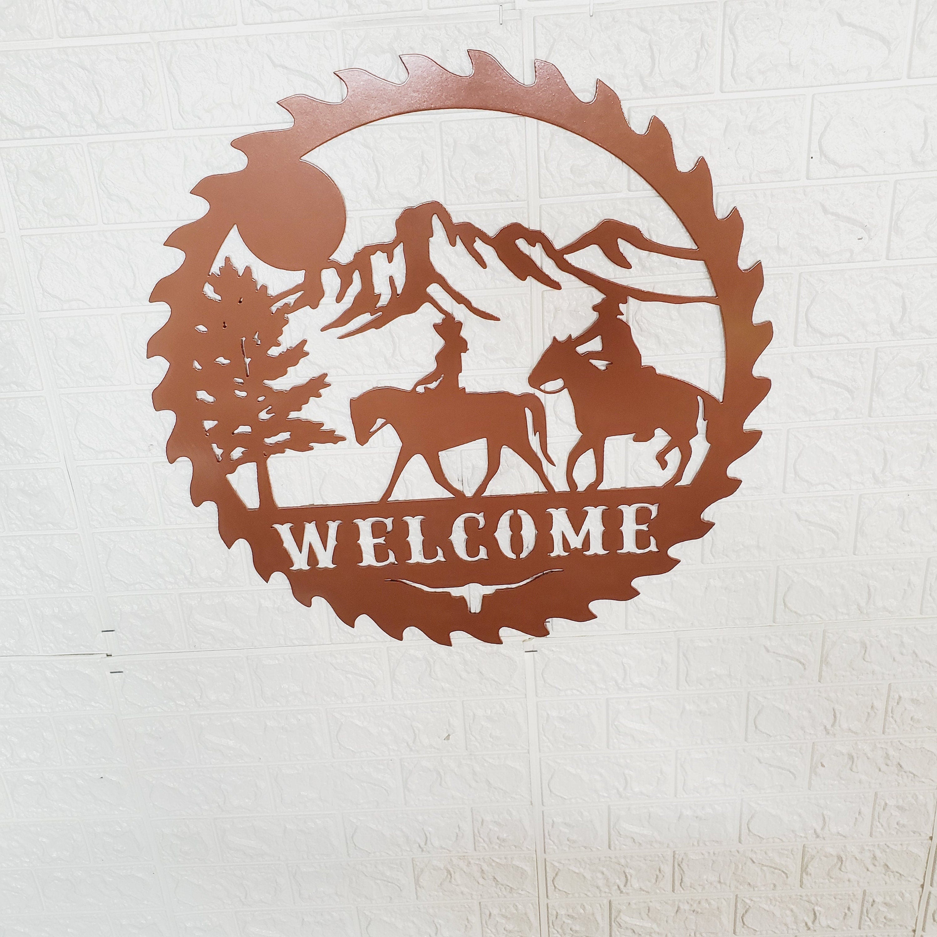 Sawblade Cowboy Horse Welcome Sign, Rustic Metal Farmhouse Home Decor, Outdoor Western Porch or Garden Plaque