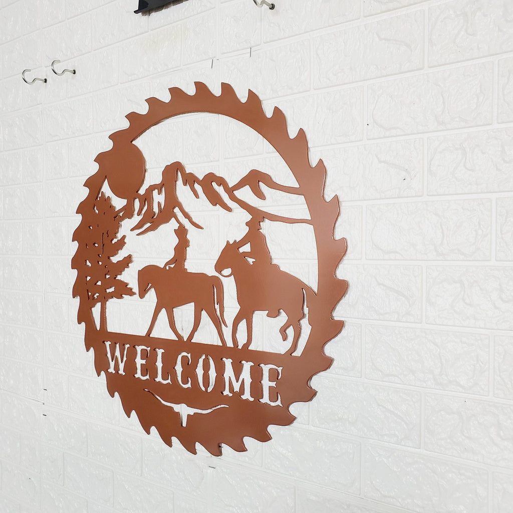 Sawblade Cowboy Horse Welcome Sign, Rustic Metal Farmhouse Home Decor, Outdoor Western Porch or Garden Plaque