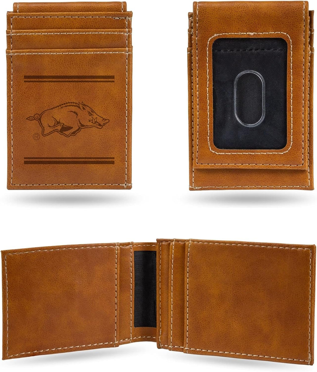 NCAA Arkansas Razorbacks Men’s Front ID Pocket Brown Wallet- Premium 8 Pocket Laser-Engraved Team Logo on Vegan Leather- Minimalist Design, Credit Card Holder- Ideal for Travel or Men’s Gift