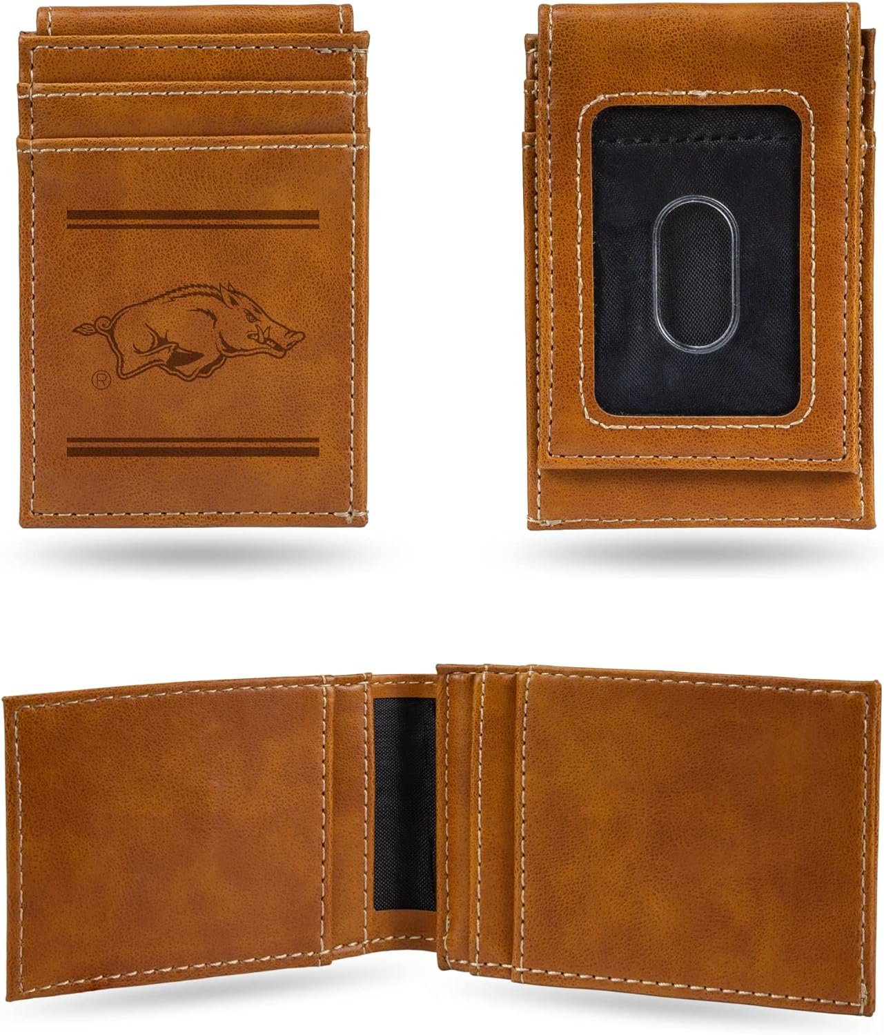 NCAA Arkansas Razorbacks Men’s Front ID Pocket Brown Wallet- Premium 8 Pocket Laser-Engraved Team Logo on Vegan Leather- Minimalist Design, Credit Card Holder- Ideal for Travel or Men’s Gift