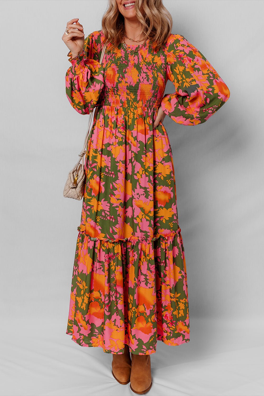 Orange Floral Puff Sleeve Smocked Bodice Frill Tiered Dress
