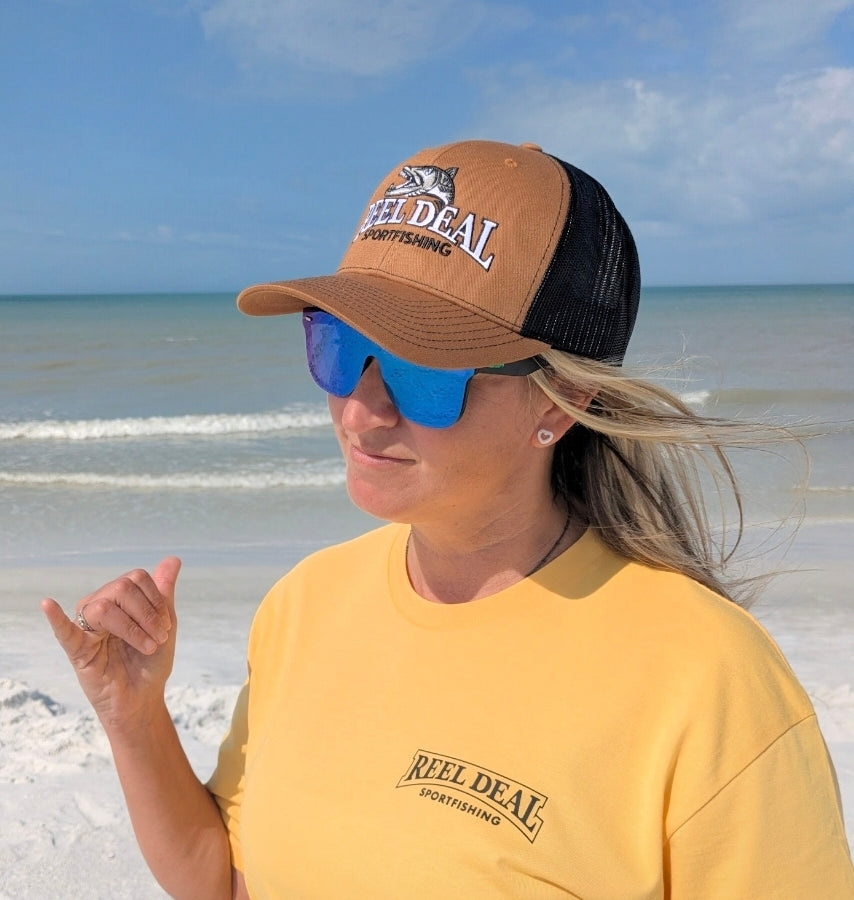 Reel Deal Snapback Hat (Carmel front/Black mesh)