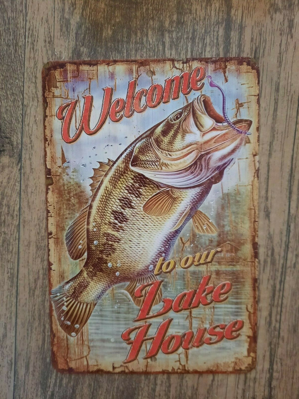Welcome to Our Lake House Fishing and Camping 8x12 Metal Wall Sign for Outdoor Enthusiasts
