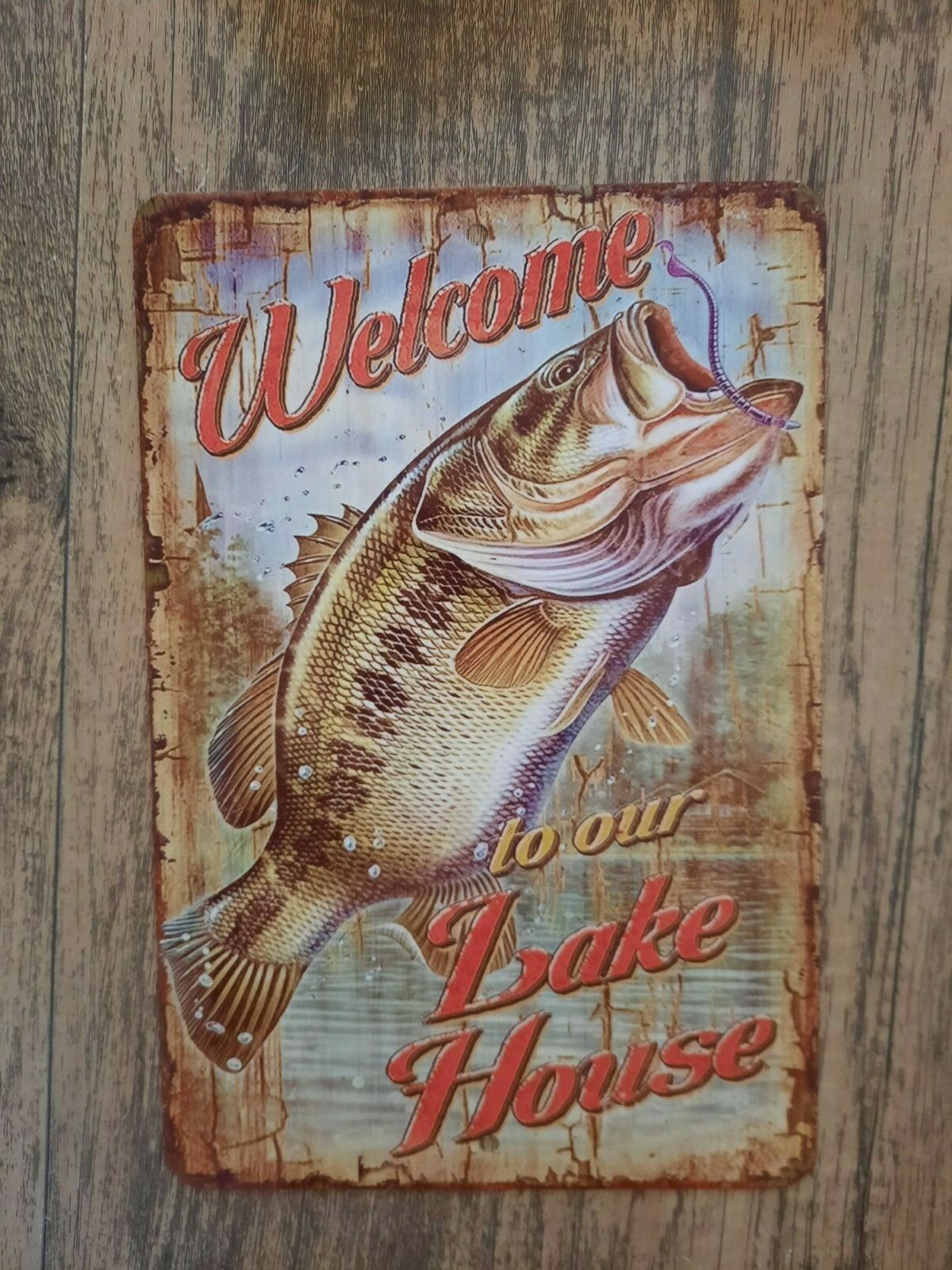 Welcome to Our Lake House Fishing and Camping 8x12 Metal Wall Sign for Outdoor Enthusiasts